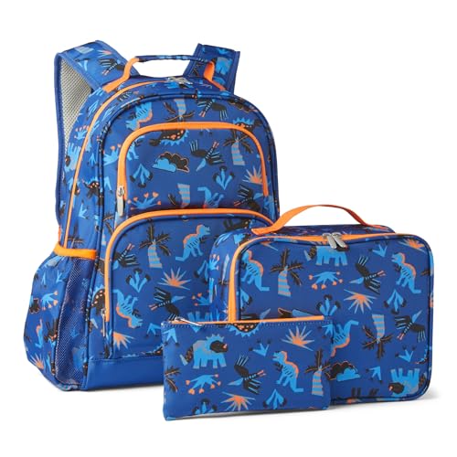 Amazon Essentials Kids School Backpack Set with Lunch Tote and Pencil Case, Multi-Pocket Tear-Resistant Student Daypack, Blue Navy, 3-Piece Set - color: Blue with prints, size: 3-Piece Set