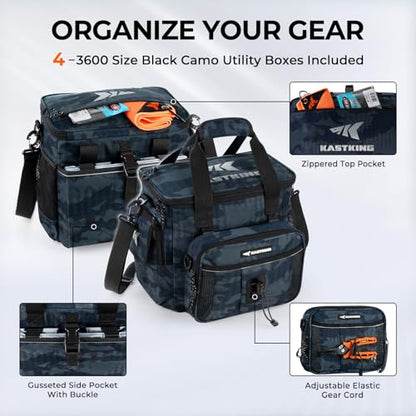 KastKing BaitSpace Fishing Tackle Bag With 4 Tackle Boxes & Removable Bait Binder, Water-Resistant Tackle Storage, Durable Fishing Gear, Adjustable Shoulder Strap - color: C: Blue Camo, size: Medium - 4*3600 Trays