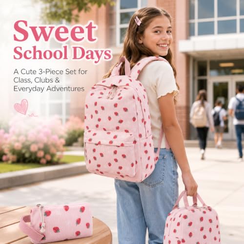 BTOOP School Backpacks for Teen Girls Bookbags Lightweight Kids Backpack School Bags Set with Lunch Box Pencil Case - color: Pink Strawberry