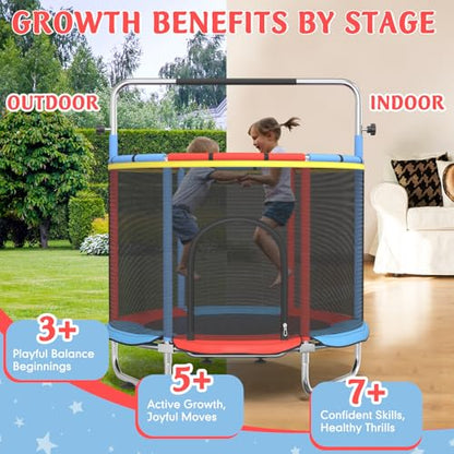 Trampoline for Kids, 55" Indoor & Outdoor Toddler Trampoline, Anti-Rollover Bottom Kids Toys with Adjustable Gymnastics Bars, Toddler Swing, Basketball Hoop - color: RedBlue