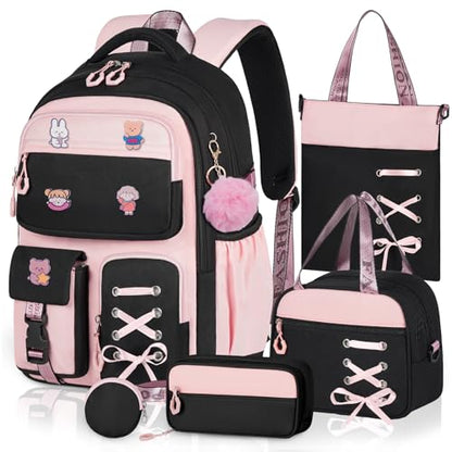 Girls Backpack with Lunch Box, 5pc Cute Pink/Black Bookbag for Kids Teen, Kawaii Aesthetic Elementary School Backpack - color: Pink Black