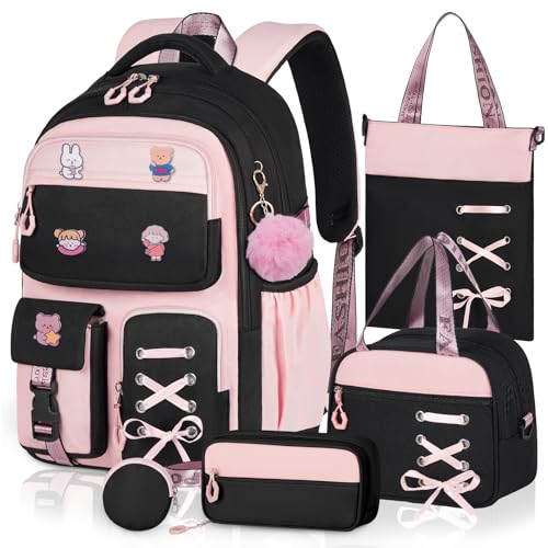 Girls Backpack with Lunch Box, 5pc Cute Pink/Black Bookbag for Kids Teen, Kawaii Aesthetic Elementary School Backpack - color: Pink Black