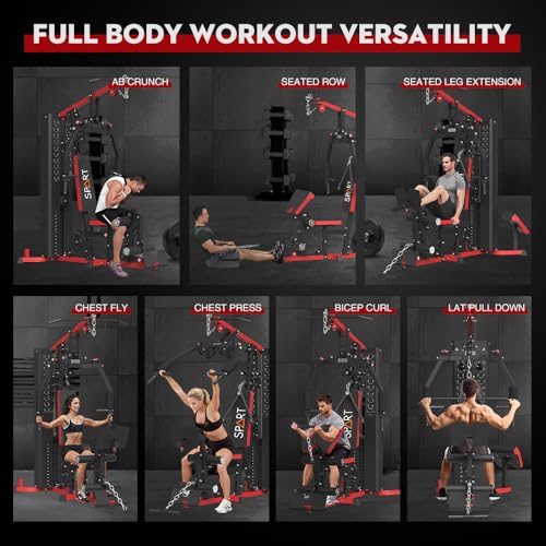 SPART Home Gym Station,Multifunctional Home Gym Workout Equipment,with 160LBS Weight Stack for Leg Press & Chest Fly, All in One Exercise Equipment Full Body Strength Training with Pulley System - color: Red, style: Steel Cover