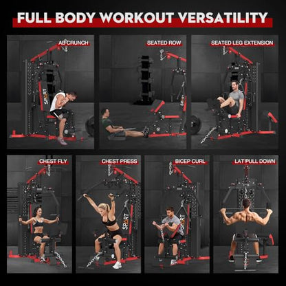 SPART Home Gym Station,Multifunctional Home Gym Workout Equipment,with 160LBS Weight Stack for Leg Press & Chest Fly, All in One Exercise Equipment Full Body Strength Training with Pulley System - color: Red, style: Steel Cover