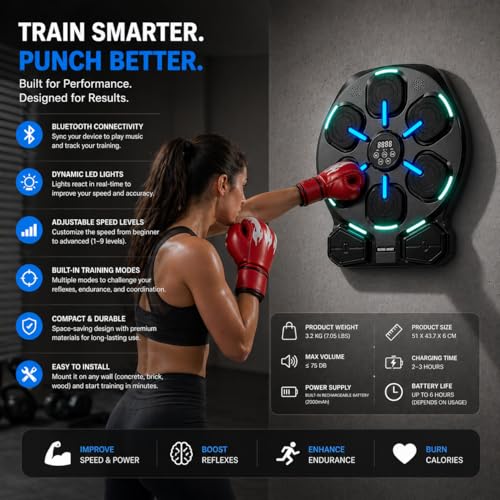 Smart LED Music Boxing Machine, Reaction Boxer Training Device with Light-Up Targets & Music, Reflex Speed Trainer for Home Workout, Adjustable Hand Grip Strengthener with Counter, Fitness Bundle