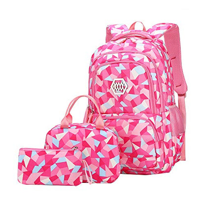 JiaYou Girl Geometric Printed Primary Junior High University School Bag Bookbag 3pcs Backpack Sets(2# Rose-3pcs,19 L) - color: 2# Rose-3pcs, size: 19 L