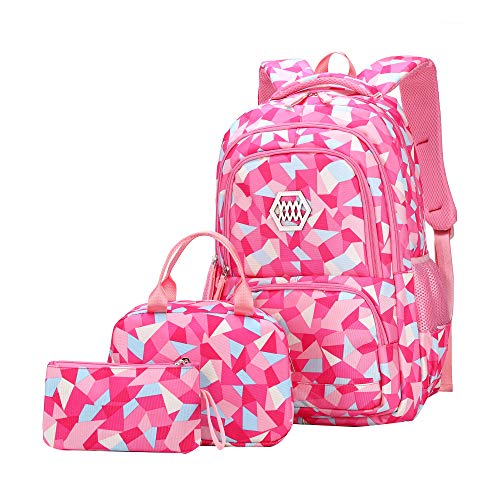 JiaYou Girl Geometric Printed Primary Junior High University School Bag Bookbag 3pcs Backpack Sets(2# Rose-3pcs,35 L) - color: 2# Rose-3pcs, size: 35 L