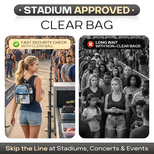 Oraben Clear Backpack Stadium Approved, Clear Bag 12 x 6 x 11 in, Small Transparent Backpack for Concerts, Sports Events, Festivals, Waterproof, Adjustable Straps, Women Men - color: Black, style: Enhanced Strap