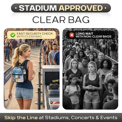 Oraben Clear Backpack Stadium Approved, Clear Bag 12 x 6 x 11 in, Small Transparent Backpack for Concerts, Sports Events, Festivals, Waterproof, Adjustable Straps, Women Men - color: Black, style: Enhanced Strap