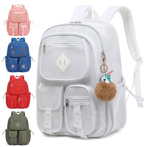Mesh Backpack for Girls Boys, Heavy Duty Semi-Transparent Mesh Bookbag Womens Mens Mesh Backpacks for School, Sports, Beach, Swimming, Travel - White - color: White