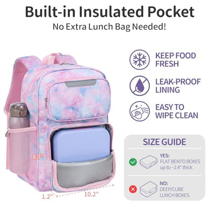 Kids Backpack for Girls - 17 Inch Insulated School Bag Ages 8-10 | Elementary Backpack for Grades 3-5, Fits Binder Laptop, Insulated Pocket, Reflective Strips, S-Curve Straps, Pink Tie Dye - color: Pink Tie-dye
