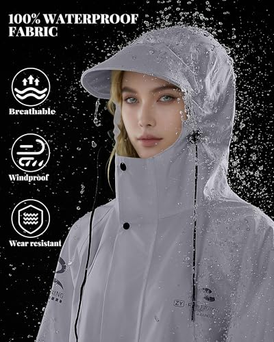 Rain Jacket Women with Hooded Waterproof Lightweight Packable Long Raincoat Poncho for Men Adults - color: Grey, size: XX-Large