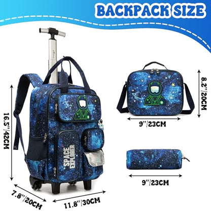 3 in 1 Boys Rolling Backpack with Wheels for Elementary Kindergarten Students Kids Travel Luggage Carry on Backpack for Boys Ages 6-8 - color: B Space