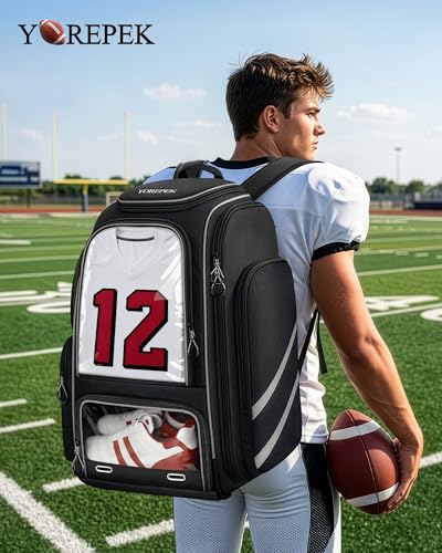 YOREPEK Football Bag Backpack, Extra Large Football Gear Bag with Helmet & Shoulder Pads Holder, Jersey Display Window, Ventilated Shoe Compartment, Football Equipment Bag for Boys Youth Adults