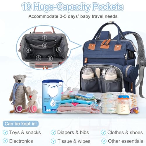 SHITIESHOU Diaper Bag Backpack Baby Bag for Mom Dad with Changing Pad, 19 Pockets, Large Waterproof Travel Baby Girl Boy Toddle Diaper Bag with Insulated Pocket, Baby Shower Gifts, Blue - color: Blue