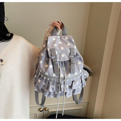 Cute Polka Dot Lace Backpack for Women Flap-top Casual Backpack Cute Nylon Bookbag - color: Grey
