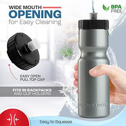 Bike Water Bottle Holder & Bottle Combo – 2-Pack 22 oz Sports Squeeze Bottles with Pull Top Cap & Easy-Install Bike Cage – Made in USA – 50 Strong Brand - color: Silver Bottle + Cage