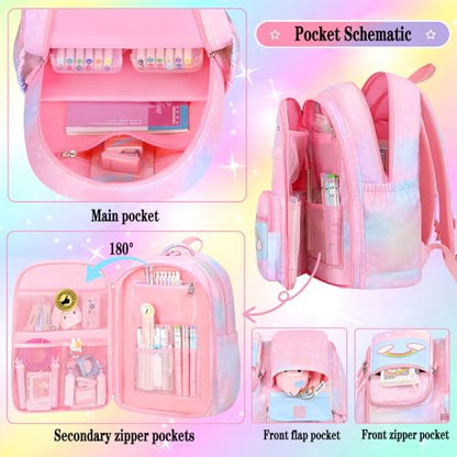 Jcobvig 3Pcs Kids Backpack For Girls,Cute Rainbow Student School Backpack With Lunch Bag Pen Bag Set (Pink Medium 16.5in - color: Pink, size: Medium