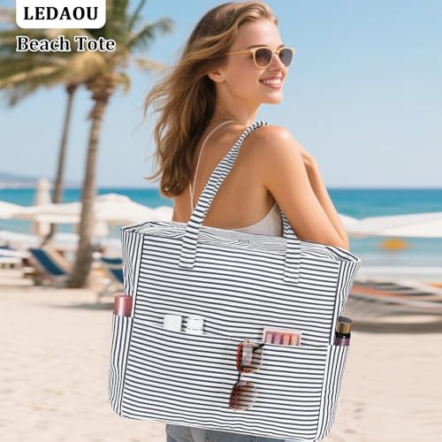 LEDAOU Beach Bag Waterproof Sandproof Women Beach Tote Pool Bag with Zipper for Swim Gym Grocery Travel with Wet Pocket | Sandproof - color: Light Black White Stripes