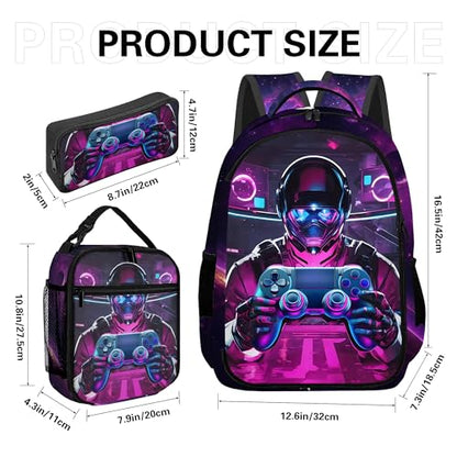 Boys Backpack with Lunch Box and Pencil Case, 3Pcs Gamer Backpack for Boys Teens, 17 Inch Large Capacity - color: GAME-HJQZ-8