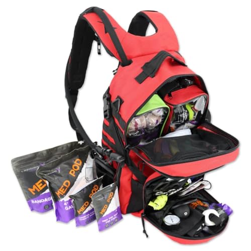 Lightning X Stocked Modular Trauma & Bleeding First Aid Responder Medical Backpack + Kit + Hydration Bladder - Red w/Hydration Bladder - color: Red W/ Hydration Bladder