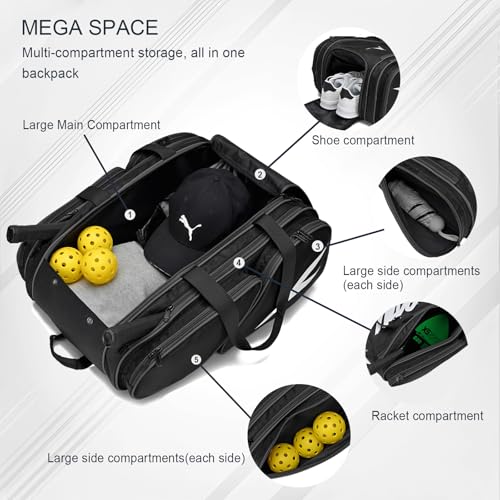 TILDOSAC Pickleball Bag - Large Paddle Bag for 4 Paddles & Accessories - Fence Hook, Extra Pockets, Shoe Compartment - color: Deep Black