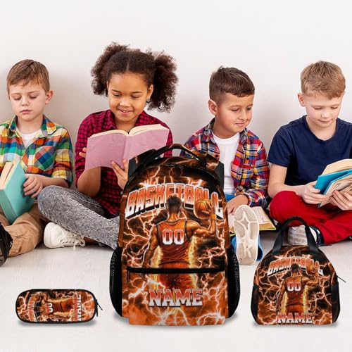 UNIKITTY Boys Basketball Backpack Set, Personalized School Backpack with Lunch Box & Pencil Case – 17 Inch Large Capacity Basketball Bookbag, Water Resistant for Kids Teens Elementary & Middle School - color: Orange