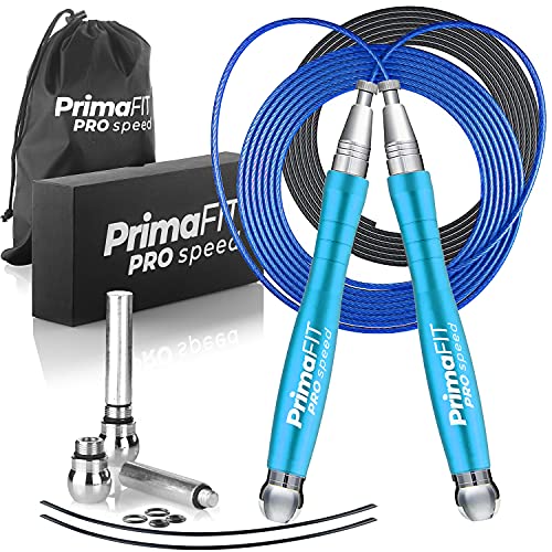 PrimaFIT Jump Rope Pro Speed Skipping Rope Adjustable Adult Jumping Rope Weighted Aluminium Handles for Double Dutch Boxing Workout Crossfit Exercise Fitness Spare Cable Weights Protectors Carry Bag - color: Light Blue