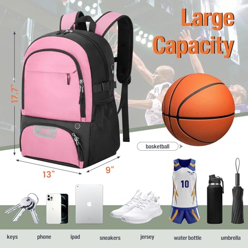OCKLILY Basketball Backpack - Large Sports Equipment Bag with Ball Holder & Shoe Compartment, Sport Bags for Basketball, Soccer, Volleyball, Gym, School and Travel, 30L - color: Pink