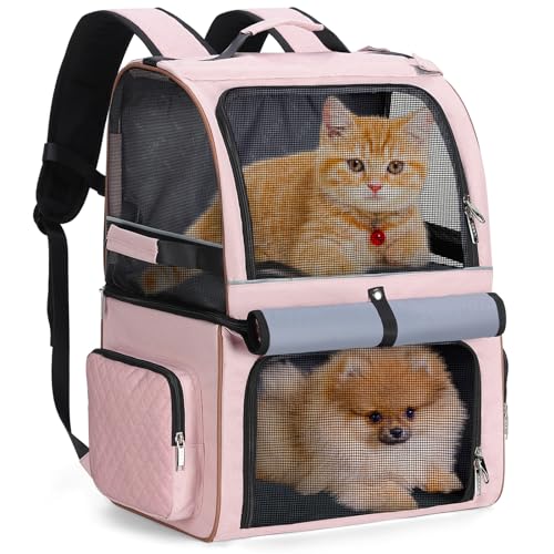 Double Cat Backpack Carrier for 2 Cats, Double-Compartment Pet Carrier Backpack for Two Small Cat or One Medium Cat, Cats Carrier Backpack Dog Carrier Backpack Fits Up to 24 Lbs,Pink - color: Pink