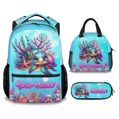 Mercuryelf Custom Girls Backpack Sea Turtle 3PCS Kids Backpack Set with Lunch Bag & Pencil Case, 17 Inch Water Resistant School Bookbag - color: Brown