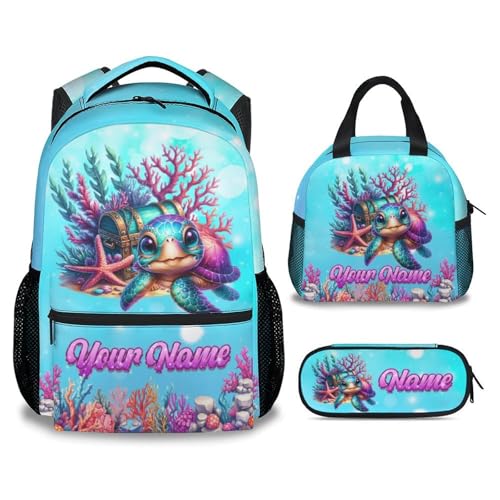 Mercuryelf Custom Girls Backpack Sea Turtle 3PCS Kids Backpack Set with Lunch Bag & Pencil Case, 17 Inch Water Resistant School Bookbag - color: Brown