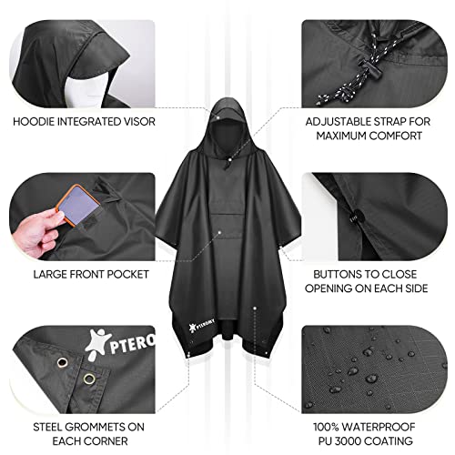 PTEROMY 3-in-1 Hooded Rain Poncho for Adult with Pocket, Waterproof Lightweight Unisex Raincoat for Hiking Camping Emergency - color: Black