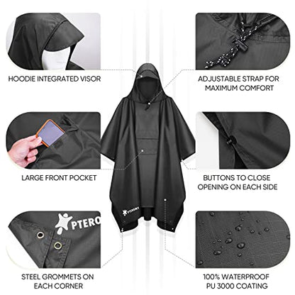PTEROMY 3-in-1 Hooded Rain Poncho for Adult with Pocket, Waterproof Lightweight Unisex Raincoat for Hiking Camping Emergency - color: Black