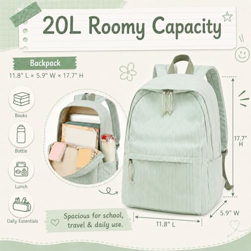 BTOOP School Backpacks for Teen Girls Bookbags Lightweight Kids Backpack School Bags Set with Lunch Box Pencil Case - color: Green White Stripe