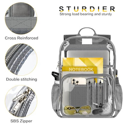 Clear Backpack Heavy Duty Large Transparent Backpack with Reinforced Bottom Multi-pockets for College, Travel, Workplace Security - Gray - color: Grey