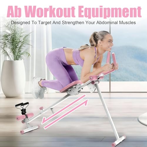 Ab Workout Equipment Abs Trainer, 4 in 1 Workout Machine with Ab Slider Roman Chair Rowing Leg Press, All in One Fitness Equipment for Home Gym Training - color: Pink
