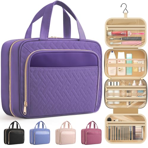 HOTOR Travel Toiletry Bag for Women & Men, Waterproof Makeup Bag with Hanging Hook and Multiple Pockets, Cosmetic Bags for Women, Travel Essentials, 11.2'' x 3.2'' x 8.9'', Dark Purple - color: Dark Purple, size: Medium