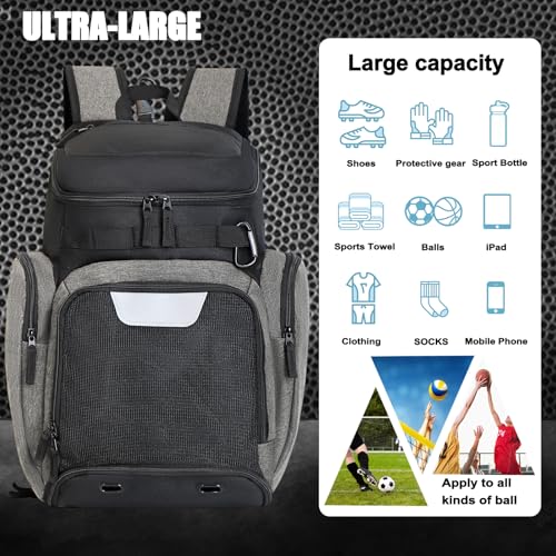 LARIPOP Basketball Backpack with Ball & Ventilated Shoe Compartment Insulated Pockets for Men Training - color: Light grey