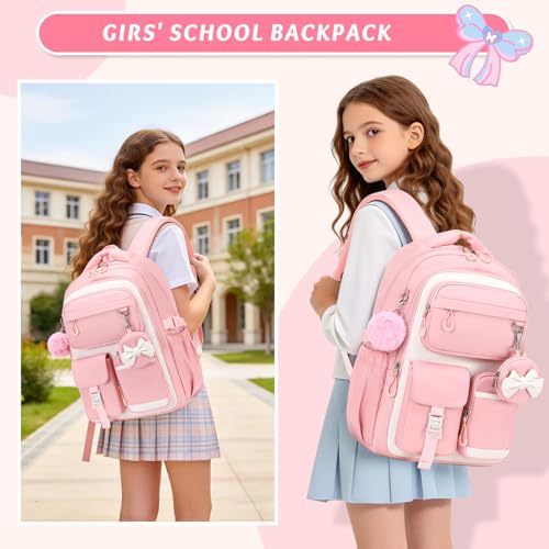 MUSEVOS Kids Backpack for Girls Aged 6-14, Kindergarten Elementary Middle School Backpack, Cute Bookbag Multi-Compartment, Water-resistant - color: Pink-white