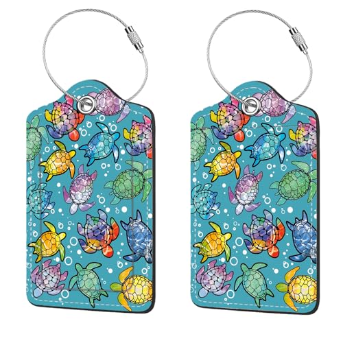 2 Pcs Luggage Tags for Suitcase, Cute Unique PU Leather Travel Bag Tag with Privacy Cover ID Label Address Card and Durable Metal Ring Suitable for Men Women Children Backpack,Gradient Color Turtle - color: Gradient Color Turtle