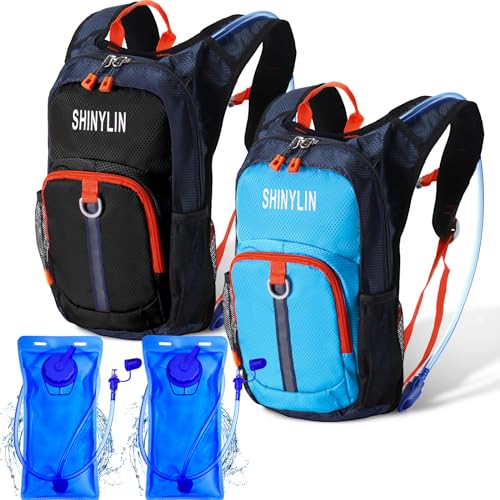 Shinylin 2 Pcs Kids Hydration Backpack with 1.5L Water Bladder Lightweight Kids Hiking Backpack Water Rucksack for Boys Girls Climbing Running - color: Blue, Black, style: Classic