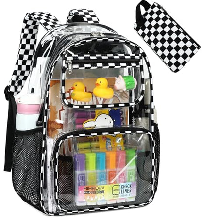 Bluboon Clear Backpack Heavy Duty Kids Boys Clear Bookbag See Through Backpacks with Pencil Case for College Work - color: Transparent Black White Checked