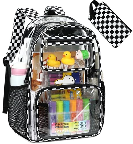 Bluboon Clear Backpack Heavy Duty Kids Boys Clear Bookbag See Through Backpacks with Pencil Case for College Work - color: Transparent Black White Checked