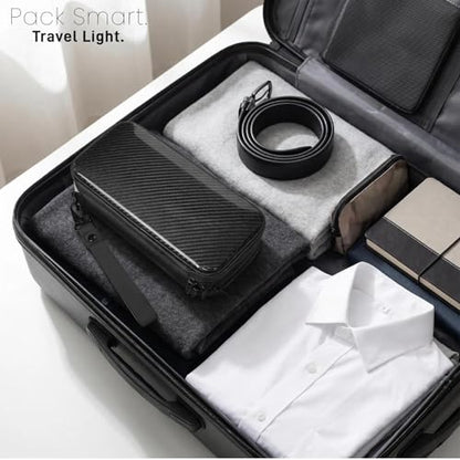 T-carbon Carbon Fiber Hard Shell Toiletry Bag for Men, Waterproof Hanging Dopp Kit with Dual Pockets, Lightweight Travel Shaving Grooming Organizer for Business Trips, Black
