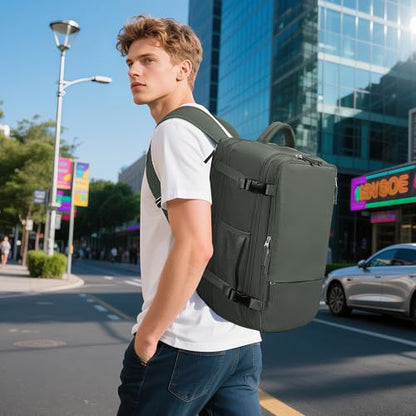 Sinaliy Large Expandable Travel Backpack for Men and Women, 17 Inch Laptop, Waterproof, Casual, College Bookbag, Backpack for Women, as Person Item Flight Approved - color: Olive Green