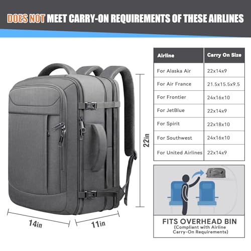 55L Carry On Backpack, Expandable Extra Large Big Travel Backpack For Men - color: Grey, size: 18.4 inch (22"x14"x10")
