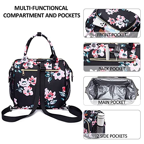 MCBD Lunch bags Insulated Lunch Box for Women,3 Carrying Way Large Tote Bag,Leakproof Reusable Cooler Backpack with Adjustable Shoulder Strap for Office Picnic Beach - color: A-Black Flower