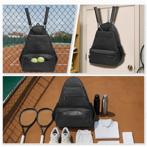 Tennis Backpack for Rackets, Waterproof Tennis Bag with Shoe Compartment, Wet/Dry Pocket, Fence Hook, for Tennis, Pickleball, Badminton - color: Black