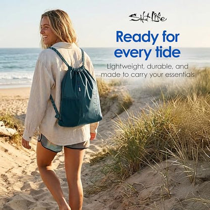 Salt Life Drawstring Backpack for Men and Women - Small Draw String Cinch Gym Bag with Water Bottle Pocket and Zipper Pocket - color: Indigo